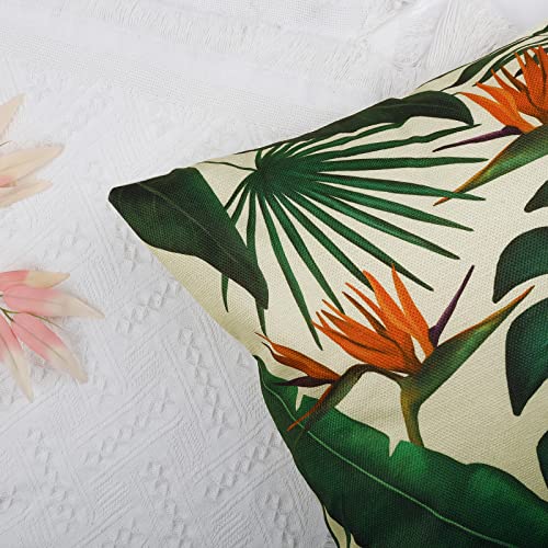 Bonhause Tropical Leaves Throw Pillow Covers 18x18 Set of 4 Green Palm Leaf Monstera Botanical Pillows Case Polyester Line...