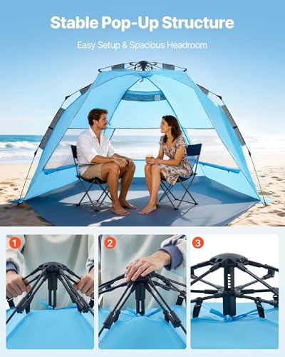 VEVOR Beach Tent Sun Shelter for 4 Person, Pop Up Beach Tent UPF 50+, Portable Sun Shade Beach with Carrying Bag and Sand ...