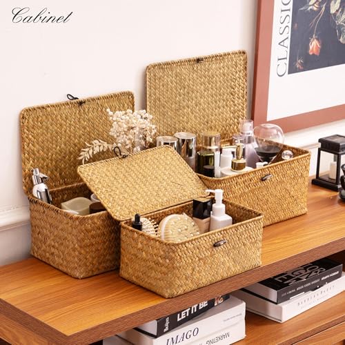 Nonam Storage Basket with Lid, Natural Seagrass Bin with Lid Set of 3, Shelf Baskets Multipurpose Container for Boho Decor...