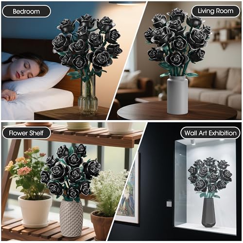 Black Rose Building Blocks Set for Kids, 634PCS Flower Bouquet Brick Toy, Romantic Gift for Girls, Women, Valentine's Day,...