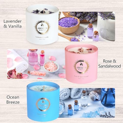 AROZEN 3 Pack Candles for Home Scented, Lavender Candle Gift Set for Women, Aromatherapy Soy Candle with Crystals Seashell...