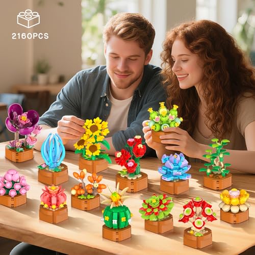 CUBIMANA 24 Pack Mothers Day Flowers Succulents Building Set - 2160PCS Botanical Collection 3.6MM Mini Flower Kit for Home...