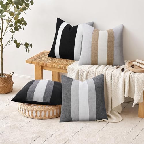 Adabana Modern Pillow Covers 18x18 Set of 2 Farmhouse Decor Patchwork Linen Cushion Covers for Couch Living Room Bed Black...