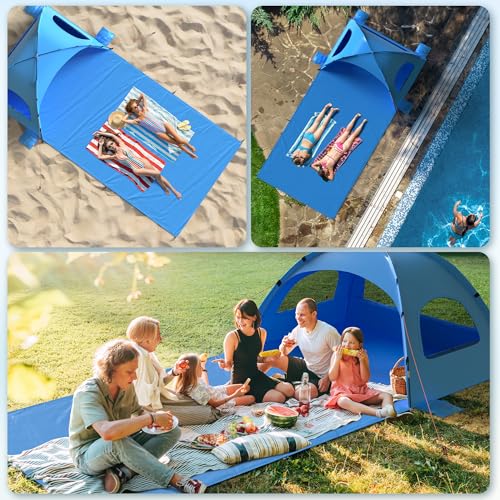 Beach Tent Sun Shelter with Extended Sand Mat 114×82inch，UPF 50+ Protection, 3 Double-Layer Windows for Enhanced Privacy; ...