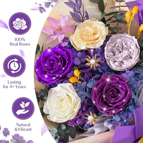 Yastouay 5 Pcs Glitter Purple Preserved Roses Bouquet for Mothers Day, Forever Flowers for Delivery Prime, Birthday Gifts ...