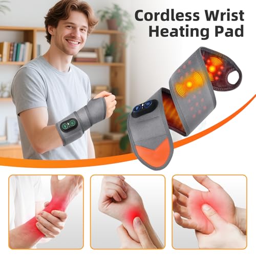 Cordless Wrist Heating Pad for Pain Relief, Wrist Massager for Carpal Tunnel, Heated Wrist Wrap Brace for Arthritis, Red L...