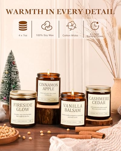 Scented Candles Gift Set for Women - 4 Pack Soy Candles for Home Scented, Long Lasting Winter Candle Set with Cashmere Ced...