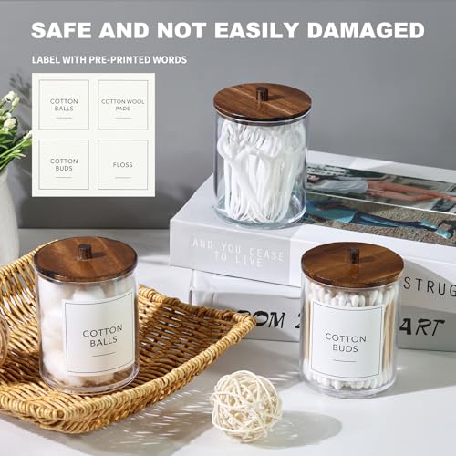 4 Pack Qtip Holder Dispenser with Wood Lids - 10 oz Clear Plastic Apothecary Jar Containers for Vanity Makeup Organizer St...