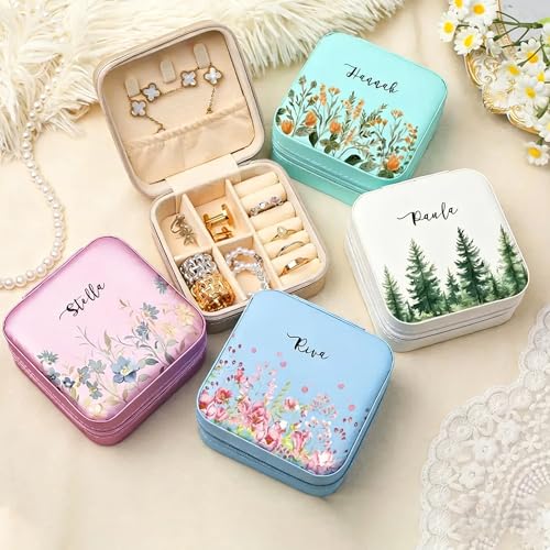 Custom Travel Jewelry Box with Name Birth Flower, Personalized Small Travel Jewelry Case for Rings, Earrings, Necklaces, C...