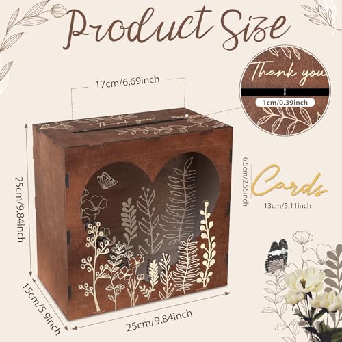 OurWarm Brown Wedding Card Box for Reception with Heart Acrylic Window, Wooden Gift Card Box for Wedding with Flower Patte...