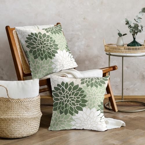 aportt Sage Green White Floral Pillow Covers 18X18 Inch Set of 2 Geometric Dahlia Flower Decorative Pillow Cases Modern Co...