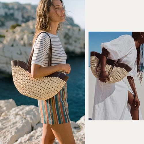 Large Straw Tote Bag for Women, Woven Summer Beach Bag with Leather Trim & Double Straps, Handmade Mesh Boho Shoulder Bag