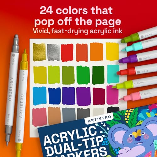 ARTISTRO 24 Precision Dual-Tip Acrylic Paint Markers – Paint Pens Set with Dot & Fine Tips for Fabric, Rock, Glass, Wood, ...