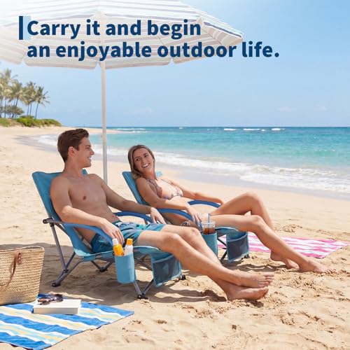 Garvee Low Beach Chair 2 Pack, Folding Portable Beach Chairs for Adults, Lightweight Extra Wide Seat Chair with Cup Holde...