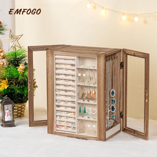Emfogo 360° Rotating Jewelry Box for Women, Rustic Wooden Jewelry Organizer Box with 5 Drawers, Glass Doors, Vertical Open...