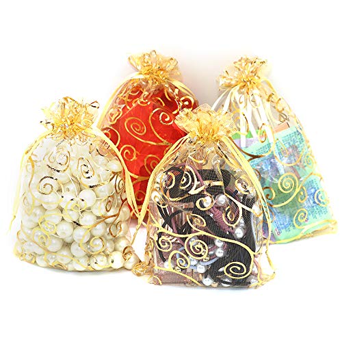 Staruby Organza Gift Bags 100Pcs Gold Sheer Organza Bag 4x6 Inch Mesh Favor Bags Drawstring Jewelry Rattan Printed Gift Po...