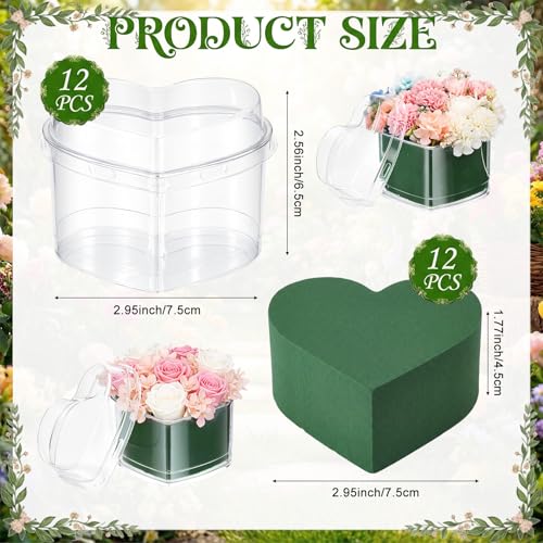 FunooFuno 12 Pcs Mother's Day Heart Shaped Plastic Boxes 2.95" x 2.95" Flower Box with Lids Floral Foam Mini Clear Heart C...