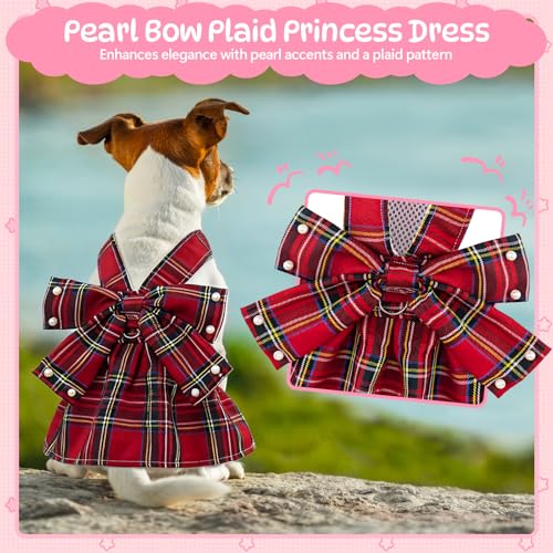 Plaid Dog Dresses for Small Dogs Girl Bowknot Harness Leash Set, Cute Small Dog Dress Harness Dogs Cat Clothes Female with...
