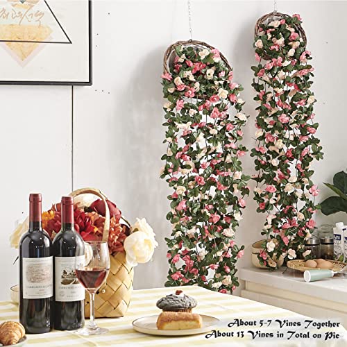 PONKING 8 Pcs x 8.2 ft Flower Garland Artificial Rose Vine Flowers with Green Leaves Hanging Fake Roses Vine for Room Part...