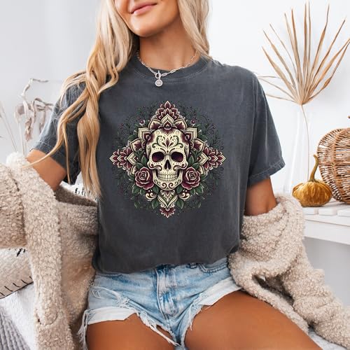 Sugar Skull Mandala Design - Womens Comfort Colors - Pepper Grey Floral Rose Day of the Dead Graphic Tee