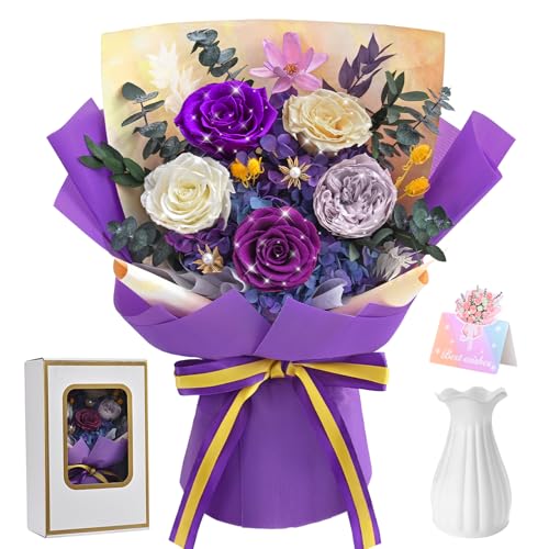 Yastouay 5 Pcs Glitter Purple Preserved Roses Bouquet for Mothers Day, Forever Flowers for Delivery Prime, Birthday Gifts ...