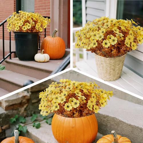 katflyee 12 Bundles Artificial Mums for Outdoors, Fall Fake Flowers Outside UV Resistant, Faux Fall Mums Flowers for Outdo...