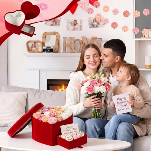 Tinlade Velvet Heart Shaped Gift Box with Lid & Drawer, Red Flower Box for Roses, Heart Treat Boxes for Mother's Day, Vale...