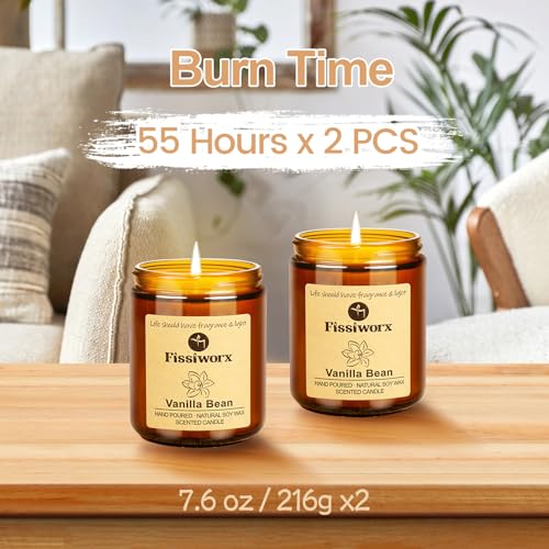 Fissiworx Vanilla Scented Candle Set 2 Pack, Candle for Home Scented, Odor Eliminating, Stress Relief, 15oz, 110 Hours Lon...