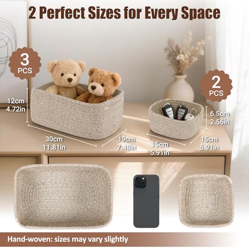 VIRETH HAUS 5-Pack Small Woven Rope Storage Baskets – 2 Sizes Organizer Bins for Closet, Shelf, Bookshelf, Nursery, Changi...