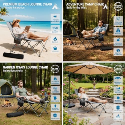 Northroad Foldable Camping Chair w/Foot Rest, Outdoor 6 Legged Beach Chair w/Footrest, Adjustable 90°- 135° Reclining Loun...