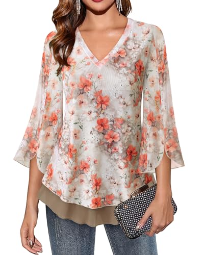 Timeson Women's 3/4 Sleeve Floral Blouses Shirts Double Layers V Neck Dressy Tunics Tops