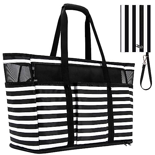 TEUEN Large Beach Bag with Zipper, 12 Pockets Waterproof Sandproof Pool Bag Womens Mesh Beach Tote Bag for Travel Vacation