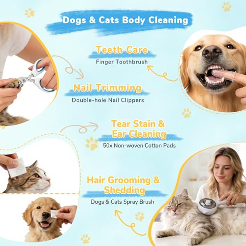 10Pcs Mist Spray Brush Kit for Cats & Dogs, Hair Health & Grooming Set with 100ml Waterless Shampoo, Cat Scratcher w/Catni...