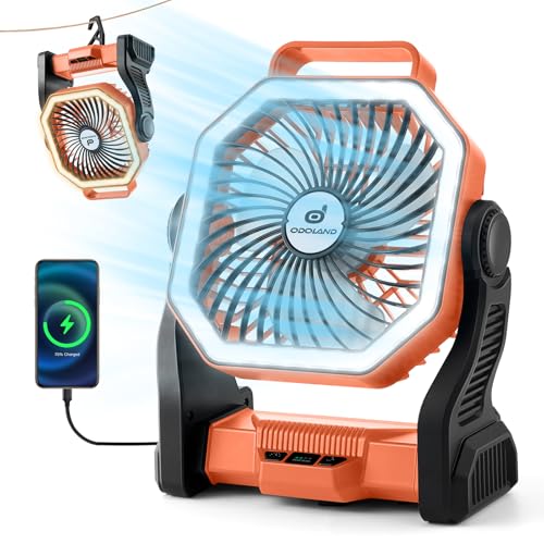 Odoland Rechargeable Camping Fan, 20000mAh Battery Fans with LED Lantern for Tent Car Beach Storm, Portable Light Desk Coo...
