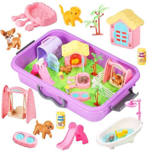 Carolart Pet Sensory bin,Dog and Cat Sandbox for Kids,Kids Play Sand Kit,Pet Play Set with Sensory Sand,Pet Care Play Set,...