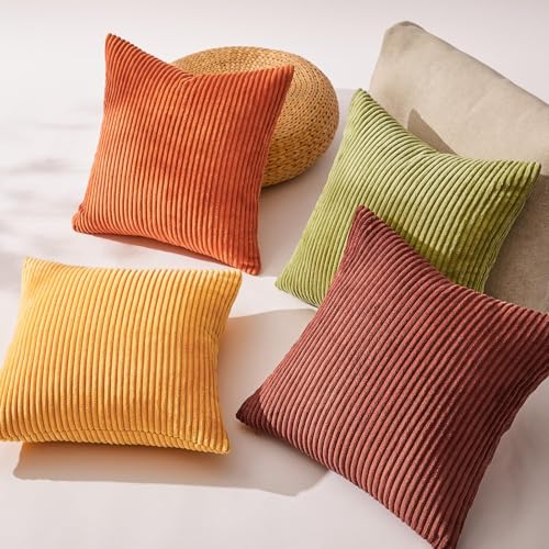 Topfinel Fall Burnt Orange Decorative Throw Pillows Covers 18x18 Inch Set of 4,Yellow Green Gradient Series Corduroy Strip...