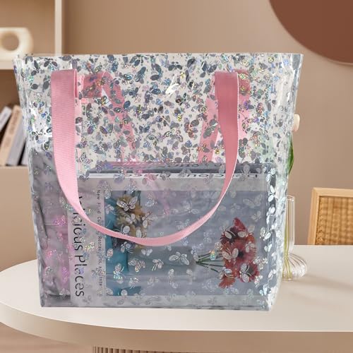 TotePrint Holographic Clear Tote Bag, Waterproof Beach Bag with Pink Handles, Large 11.8"x12.2"x4.3", TSA Compliant | Holo...