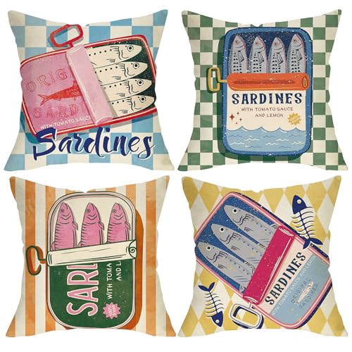 Fjfz Sardines Can Decorative Throw Pillow Covers 20 x 20 Set of 4, Beach Coastal Fish Fisherman Aesthetic Porch Outdoor Ho...