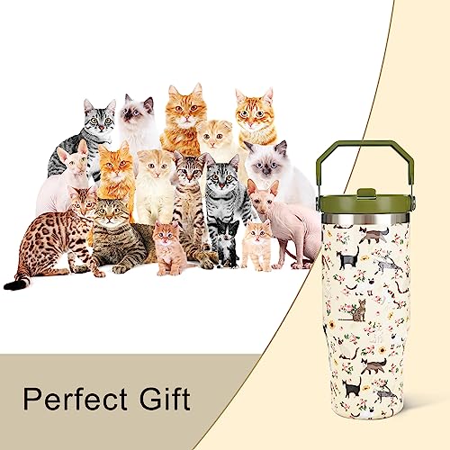 Exacmos 30oz Floral Cat Tumbler with Handle and Straw, Stainless Steel Vacuum Insulated Coffee Tumbler, Travel Mug Water B...