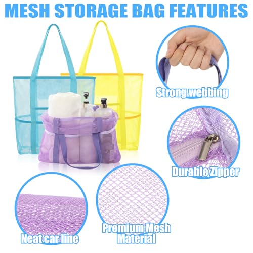 Kinlop 8 Pcs Mesh Beach Bag, Large Beach Tote Bags with Zipper, Waterproof Sandproof with 8 Pockets for Family Travel Vaca...