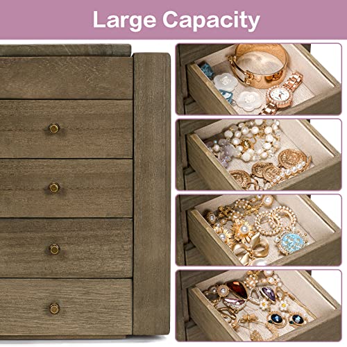 Meangood Jewelry Box Wood for Women, 5-Layer Large Organizer Box with Mirror & 4 Drawers for Rings, Earrings, Necklaces, V...
