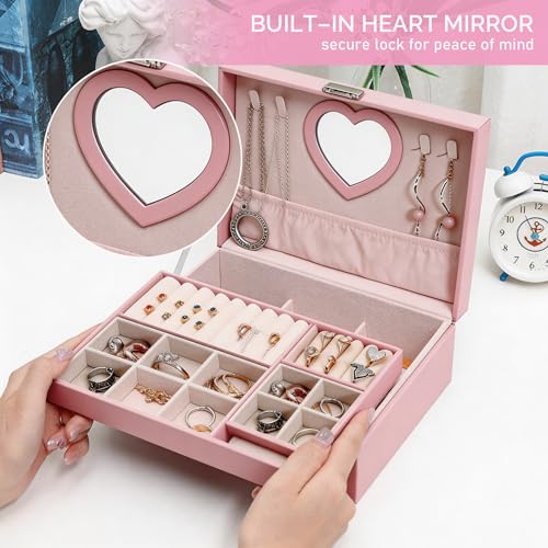 Jewelry Box Organizer for Women, 2-Layer Large Jewelry Storage Boxes with Mirror Ideal Gift Earrings Box Case for Necklac...