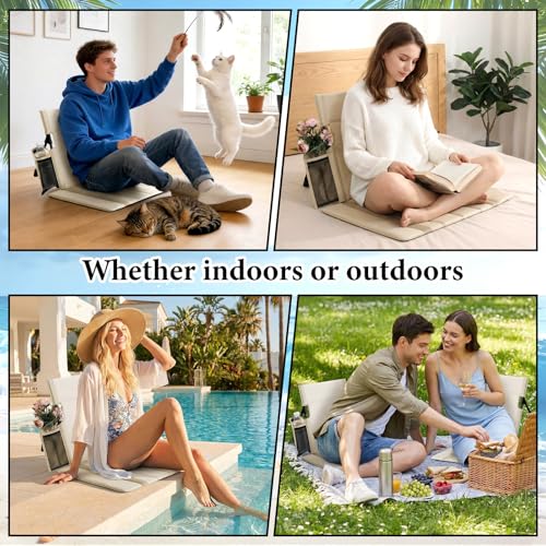 2 Pack Portable Poolside Chairs, Foldable Legless Beach Chairs for Adults with Cup Pocket, Lightweight Ground Seat Small B...