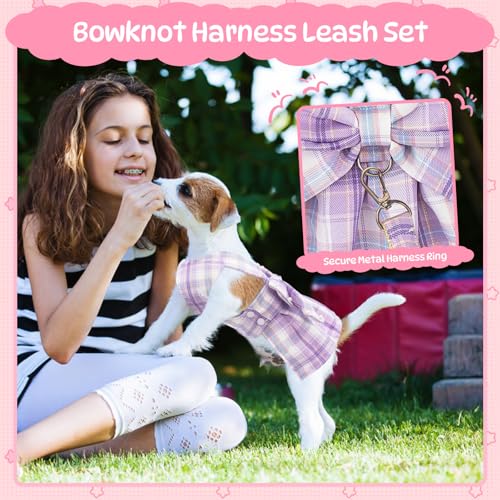 Plaid Dog Dresses for Small Dogs Girl Bowknot Harness Leash Set, Cute Small Dog Dress Harness Dogs Cat Clothes Female with...