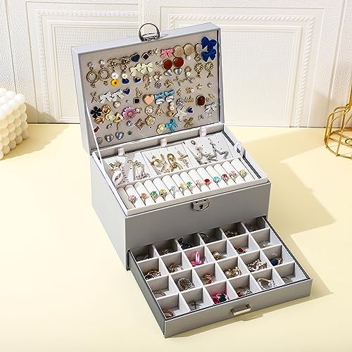 BOOVO Earring Jewelry Box For Women Girl Stud Organizer, 5 Layers Girl Jewelry Organizer Box With Lock Earring Holder Orga...