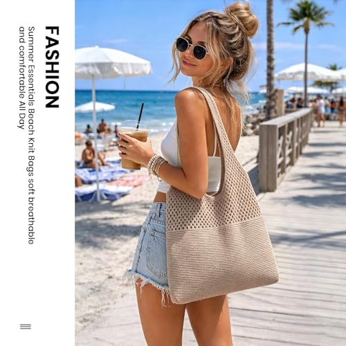 SUOSDEY Crochet Mesh Beach Tote Bag, Knit Summer Vacation Aesthetic Boho Tote Bag for Women