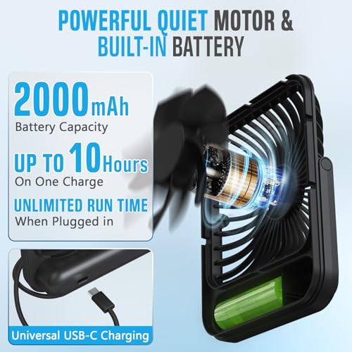 Small Travel Fan For Sleeping, USB-C Rechargeable Battery Powered Personal Mini Desk Fan for Office, Bedroom, Hotel Room -...