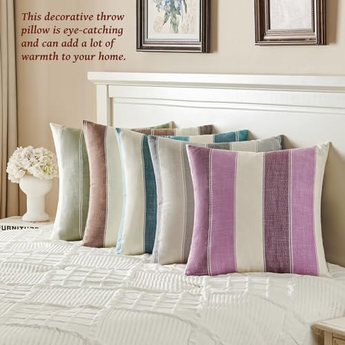 AmHoo Pack of 2 Farmhouse Stripe Check Throw Pillow Covers Set Case Cotton Linen Decorative Pillowcases Cushion Cover for ...