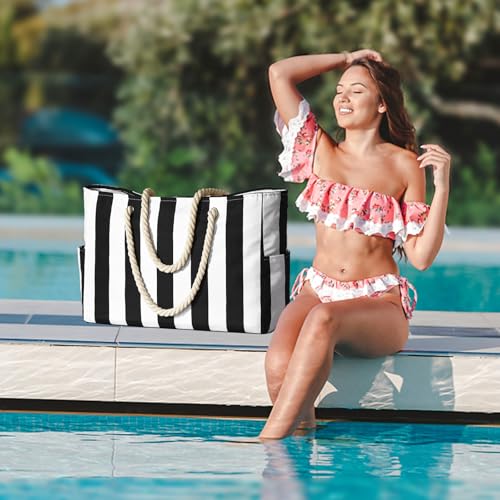 Becokan Women's Pool Swim Bag - Waterproof Sandproof Large Stripe Beach Tote with Zipper