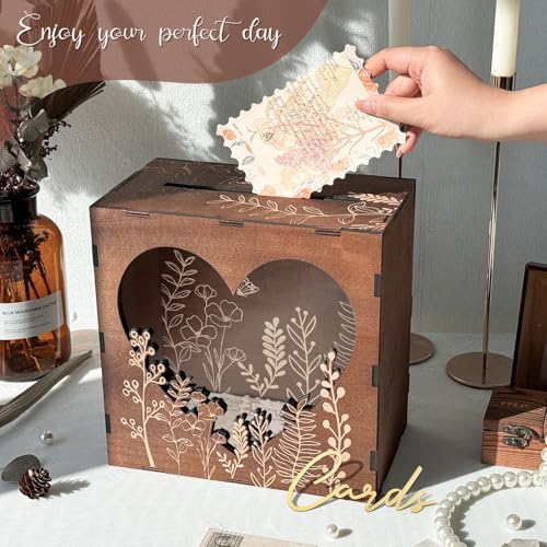 OurWarm Brown Wedding Card Box for Reception with Heart Acrylic Window, Wooden Gift Card Box for Wedding with Flower Patte...